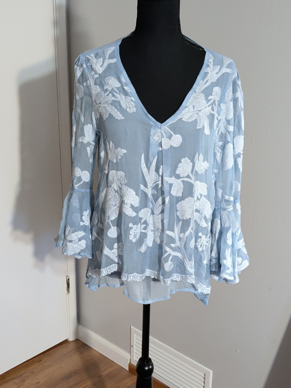 Sundance Pale Blue Blouse with White Floral Embroidery